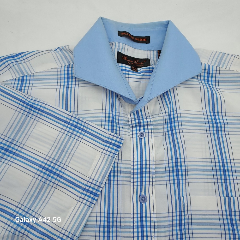 Bruno Conte Men Short Sleeve Button Down Shirt Blue White Plaid Size XL Pocket